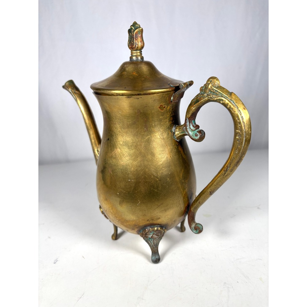 Vintage Brass Coffee Pot Teapot Footed Ornate Hinged Lid Pitcher Decor - Picture 2 of 13